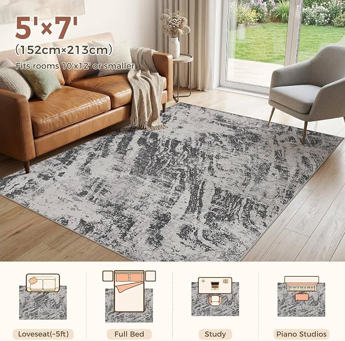 DMOYEST 5x7 Washable Area Rug: Abstract Modern Non-Slip Carpet, Soft Low Pile Indoor Neutral Easy Clean Floor Rugs for Living Room Bedroom Dining Room Kids & Pets - Black