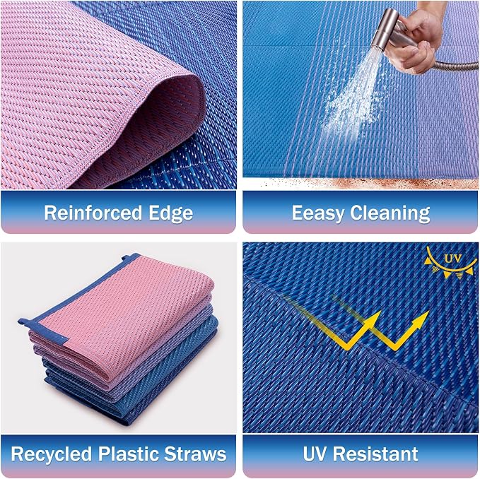 Lahome 9x12 Pink Outdoor Pool Picnic Rug, Pink Blue Beach Camping Rugs for Outside Your Rv, Waterproof Plastic Straw Stain Resistant Deck Carpets for Patio Porch Decor, Pink Blue 9'x12'