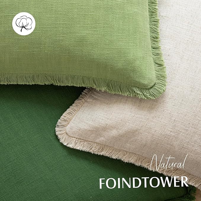 Foindtower Set of 2 Decorative Linen Fringe Lumbar Throw Pillow Covers Boho Farmhouse Cushion Cover with Tassels Soft Accent Pillowcase for Couch Sofa Bed Living Room Home Decor,12×20 Inch,Lime Green