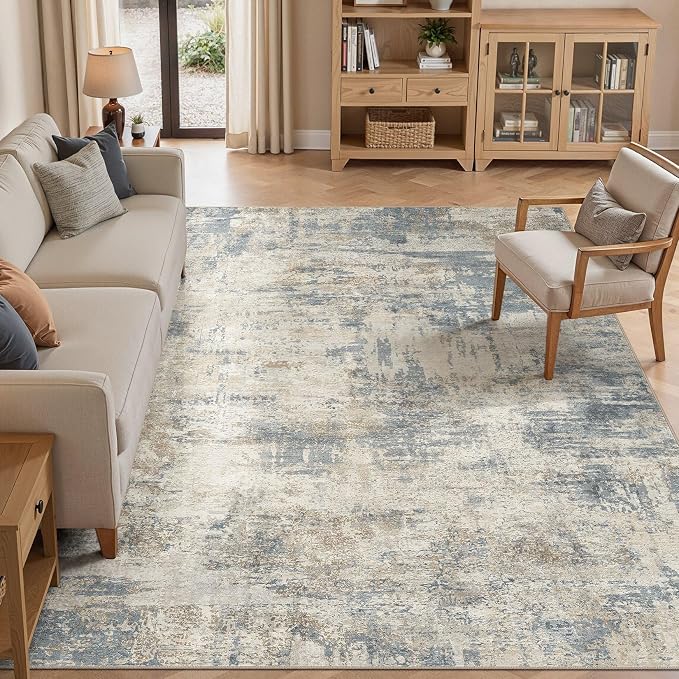 cotiled 8x10 Area Rugs Abstract Soft Non Slip Washable Living Room Rug | Stain Resistant, Robot Vacuum & Pet Friendly, Low-pile, For Living Room, Bedroom, Dining Table, Nursery Light Blue