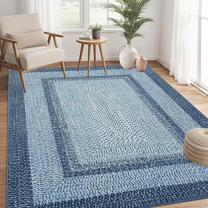 RUGSREAL Washable Rug 5x7 Boho Accent Carpet Modern Geometric Indoor Throw Floor Cover Braided Print Rugs Low Pile Non Slip Farmhouse Rustic Bohemian Carpet for Living Room Bedroom, Blue