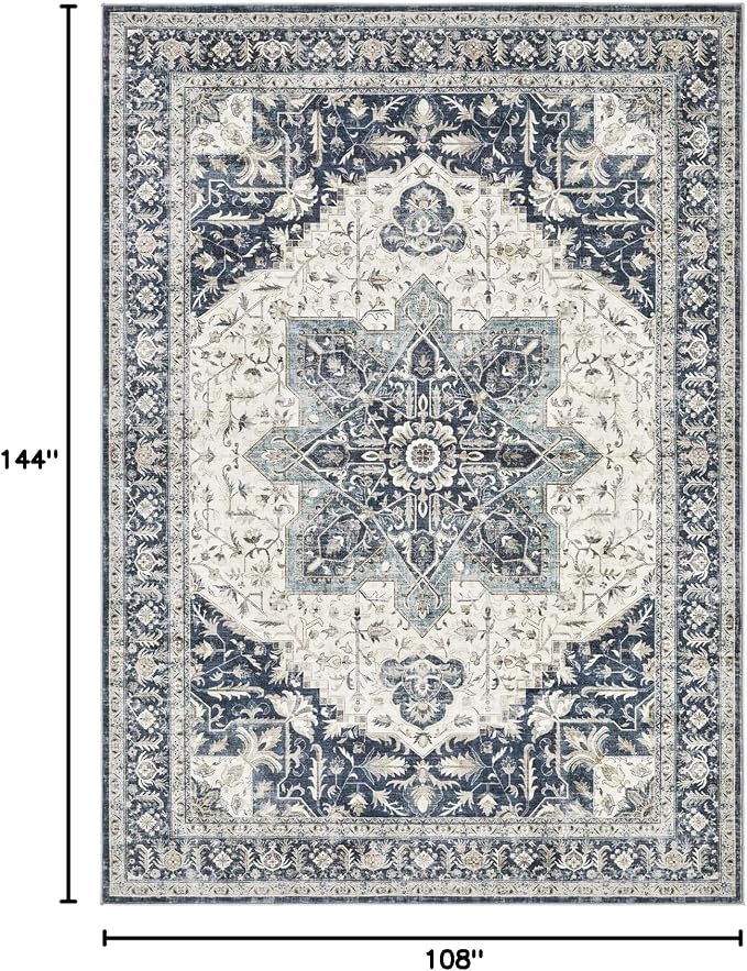 Tortania Area Rug Living Room Rugs - 9x12 Washable Boho Rug Vintage Oriental Distressed Farmhouse Large Thin Indoor Carpet for Living Room Bedroom Under Dining Table Home Office - Indigo