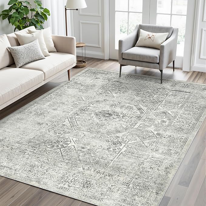 Soalmost 5x7 Area Rugs Grey Low Pile Indoor Washable Trendy Faded Style Floral Rugs for Bedroom Living Room Dining Room Foldable Non-Slip Thin Print Mat