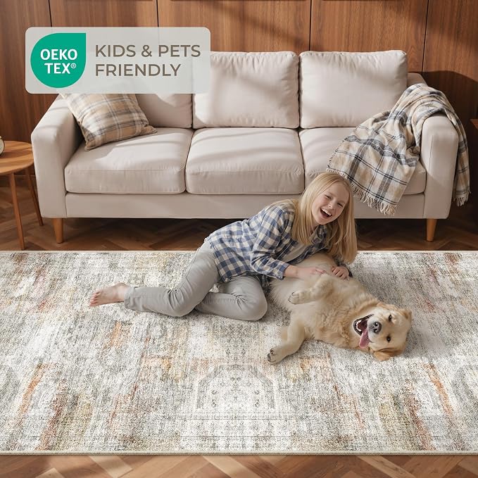 2x6 Runner Rug Non Slip,Washable Hallway Runner Rug,Green | Neutral Rugs for Kitchen,Entryway,Bedroom,Bathroom,Nursery Room,Thin,Soft Runner Rug,Stain Resistant Indoor Carpet