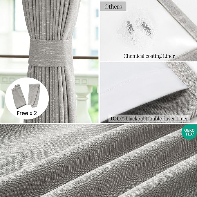 Topfinel 90 Inch Long Blackout Curtains for Bedroom, Grey Beige 100% Room Darkening Thermal Insulated Linen Curtains, American Farmhouse Drapes with Back Tab for Easy Track System Installation