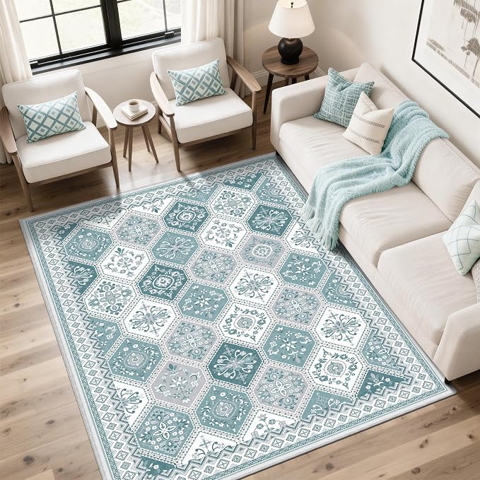 Area Rugs 5x7, Washable Rugs for Living Room, Soft Non-Slip Boho Moroccan Rug, Low-Pile Printed Teal Rug for Bedroom, Dining Room, Playroom -Teal