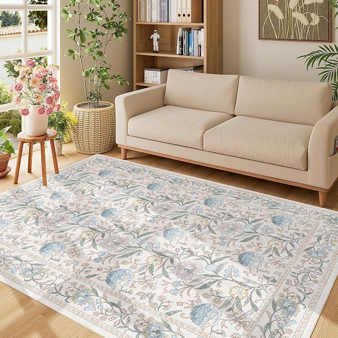 DUKINO 5x7 Area Rug, Vintage Floral Washable Rug for Living Room Cream Blue | Non Slip, Low Pile, Non-Shedding, Stain Resistant Lightweight Boho Soft Carpet for Bedroom Home Office Dining Room Farmhouse