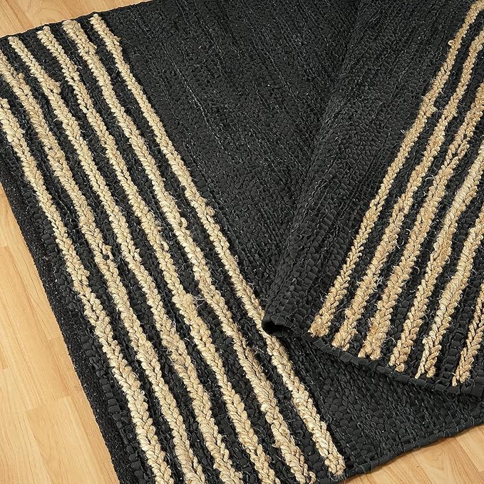 GRUHUM Black Jute Area Rug 6x9 ft Natural Fiber Rectangular Black Leather Handwoven Boho Farmhouse Soft Braided Rustic Vintage Eco Friendly Rugs Indoor Living Room Bedroom Kitchen Hallways 6x9ft Large