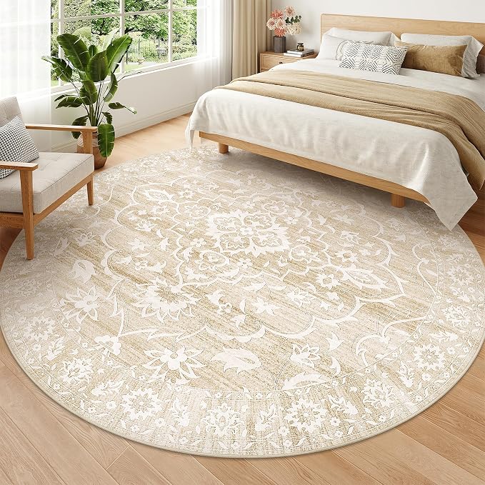 Soalmost Washable Round Rug 8ft for Living Room, Soft Circle Area Rug Beige | Vintage Floral Ultra-Thin Non-Slip Rugs, 8x8 Round Throw Carpet for Dining Room Nursery Bedroom Kitchen 8'Round