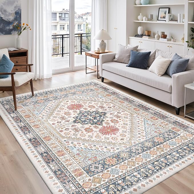 zesthome 5x8 Area Rugs for Living Room,Non-Slip Backing Washable Rugs,Vintage Large Area Rug，Stain Resistant Home Decor Rug (Multi,5'x8')