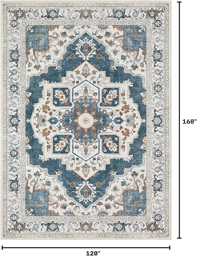 10x14 Washable Area Rug: Vintage Neutral Soft Non Slip Thin Large Floor Carpet for Living Room Bedroom Kitchen Dining Room Home Office Farmhouse Indoor - Blue