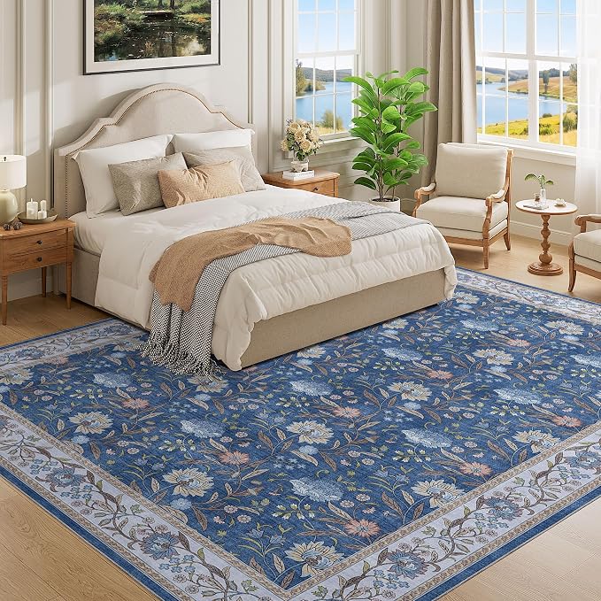DUKINO 9x12 Area Rug for Living Room Vintage Floral Washable Rug, Sky Blue | Non Slip, Low Pile, Non-Shedding, Stain Resistant, Aesthetic Soft Indoor Large Carpet for Bedroom Dining Room Farmhouse