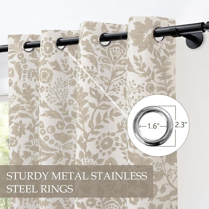 DriftAway Julia 100% Blackout Curtains Grommet 2 Panels, W52xL84, Beige | Floral Curtains, Bedroom, Living Room, Linen Blend, Watercolor Pattern, 2 Layers, Thermal Insulated, Window Treatment