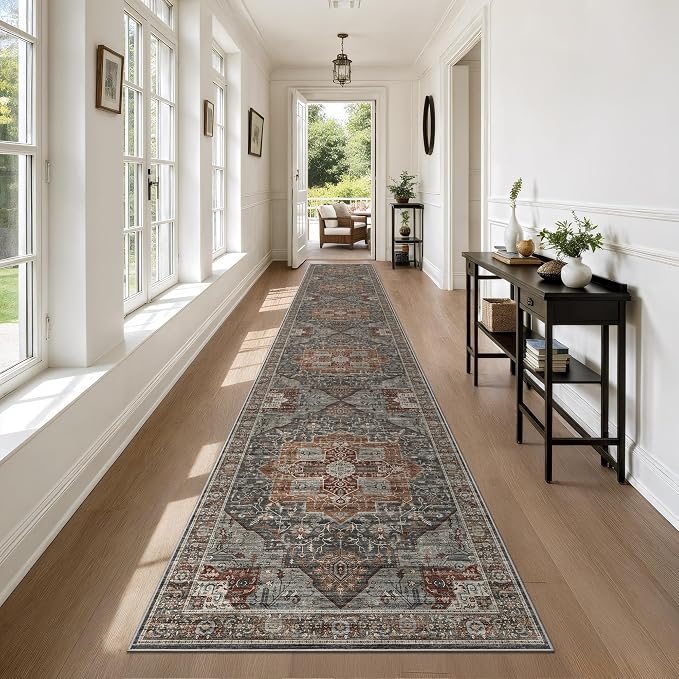 Roxstand 2.6x14 Hallway Runner Rug, Washable Non Slip Rugs, Grey/Brown/Tan | Low Pile Vintage Rug, Stain Resistant, Vintage Long Runner Rugs for Entryway, Living Room, Bedroom, Kitchen, Laundry