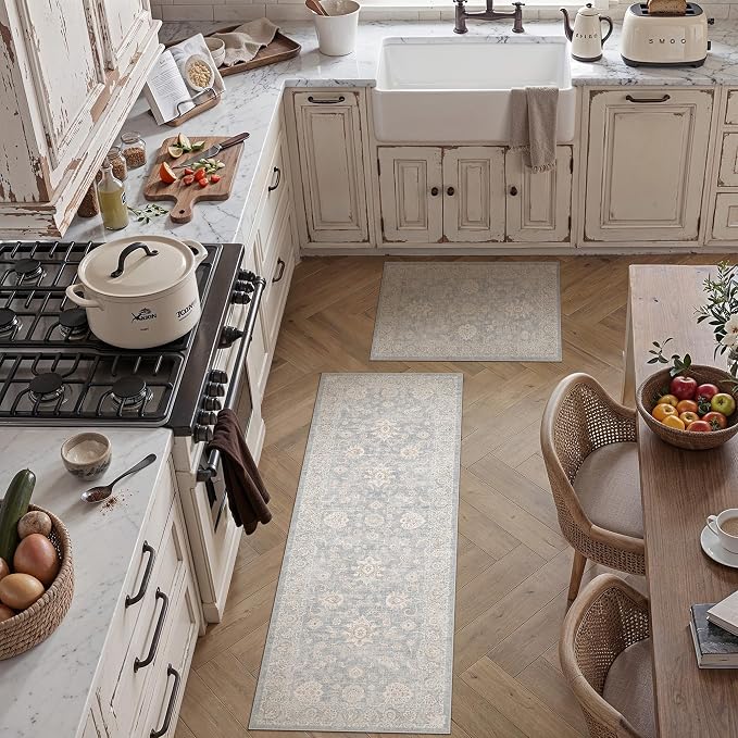 2 Piece Blue Cream Washable Kitchen Rug Set Neutral Floral Soft Non Slip Runner Mats Low Pile Distressed Area Rugs for Floor Sink Laundry Hallway Bathroom, 2x3 + 2x6