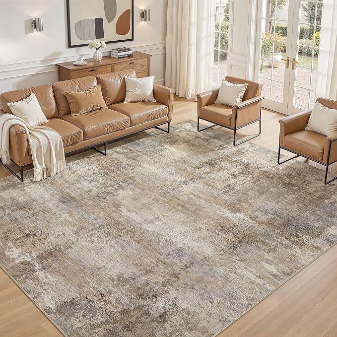 8x10 Area Rugs for Living Room, Washable Non Slip Large Area Rug | Neutral Modern Carpet, Stain Resistant Soft High-Low Pile, Made for Dining Room, Bedroom, Nursery, Home Office - Dark Brown