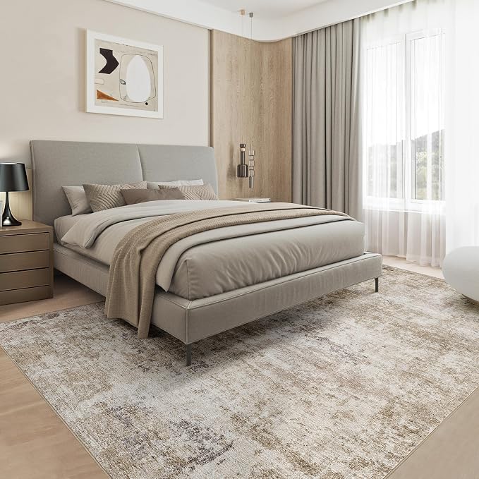 Abstract 10x14 Area Rug: Machine Washable Non Slip Ultra Thin Low-Pile Carpet, Soft Stain Resistant for Living Dining Room Bedroom, Kid Pet Friendly, Robot Vacuum Compatible - Brown