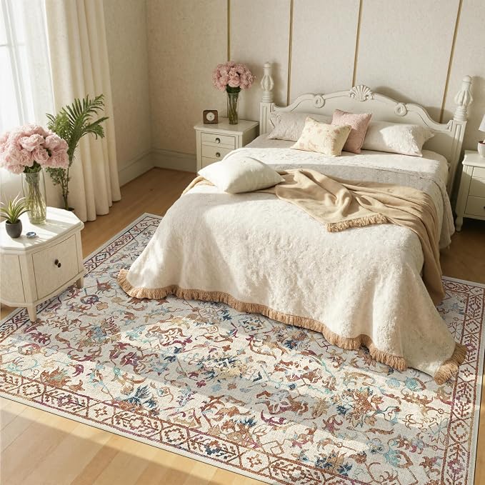 Beige Colorful Vintage Area Rug 5x7 for Living Room Bedroom, Washable Farmhouse Soft Thin Non-Shedding Indoor Throw Rug, Traditional Accent Carpet for Bedroom Office