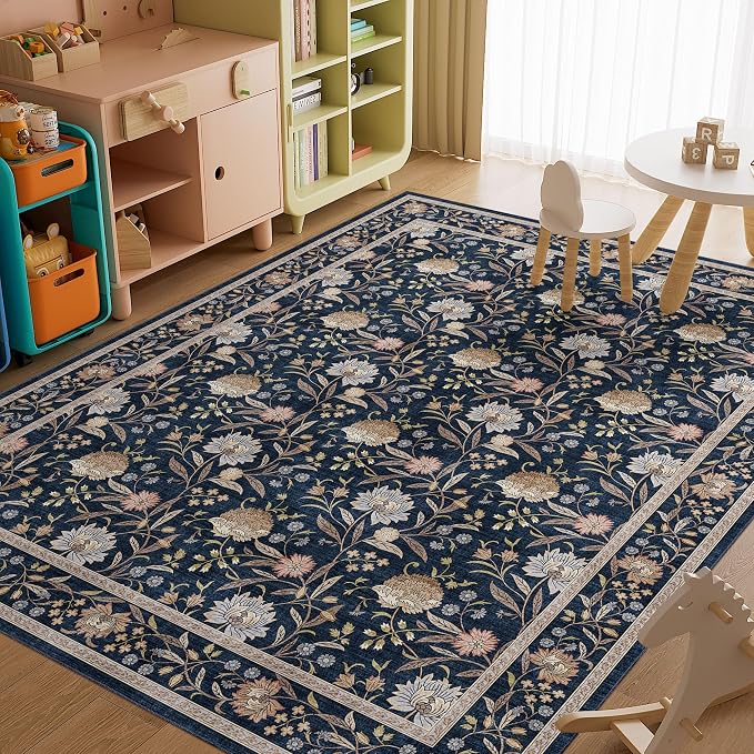 DUKINO 8x10 Area Rug Vintage Floral Washable Rug for Living Room, Navy Blue | Non Slip, Low Pile, Non-Shedding, Stain Resistant Boho Soft Indoor Large Carpet for Bedroom Dining Room Farmhouse, Home Decor