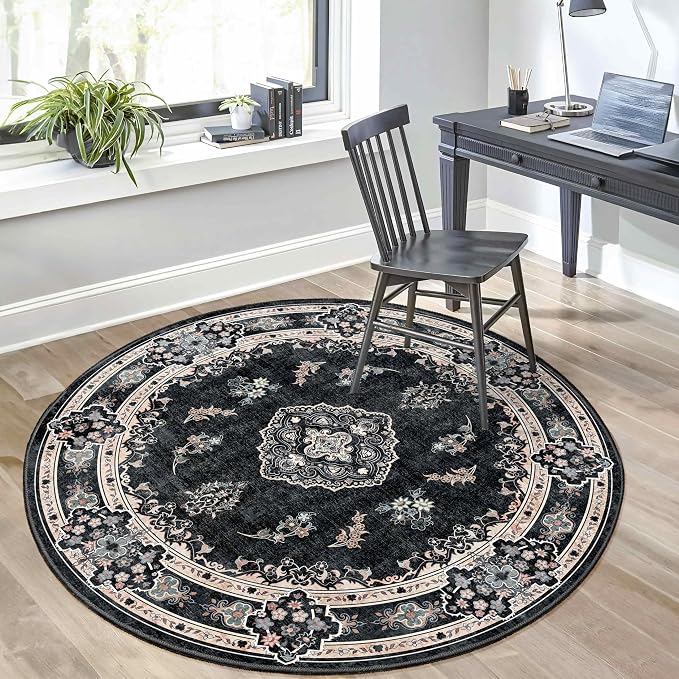 MUJOO Black Round Rug 5ft,Circle Washable Area Rug Non Slip Low-Pile Floral | Circular Rugs for Bedroom Living Room Dining Room Bathroom Boho Throw Carpet Soft Floor Indoor Vintage Bohemian Flowers