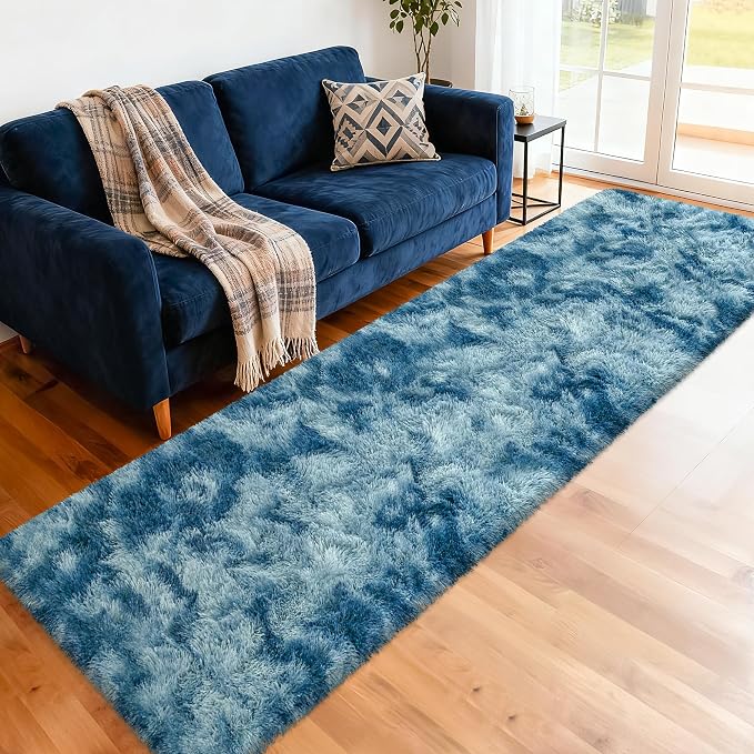 2x8 ft Plush High Pile Blue Tie-Dyed Rug Fluffy Soft Runner Bedside Rug for Bedroom Living Room Hallway Nursery Kids Home Decor Shag Carpet