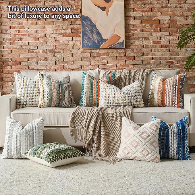 AmHoo Boho Chenille Pillow Cover Decorative Tufted Pillowcase for Couch Bed Sofa Bedroom Living Room Modern 18 x 18-Inch Brown White