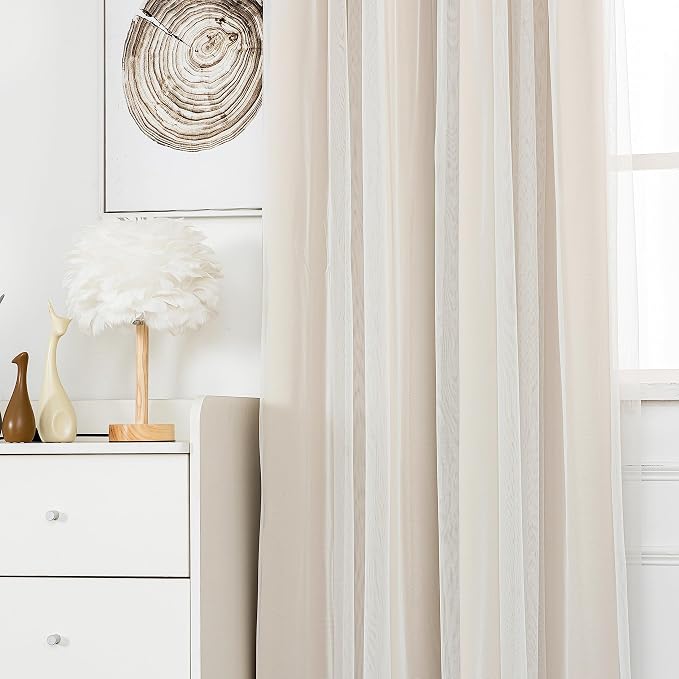INLINAS Beige Blackout Curtains with Sheer Overlay - Grommet Top Thermal and Noise Reduction Panels for Bedroom and Living Room Light Blocking and Energy Saving, 52 x 108 Inches, Set of 2