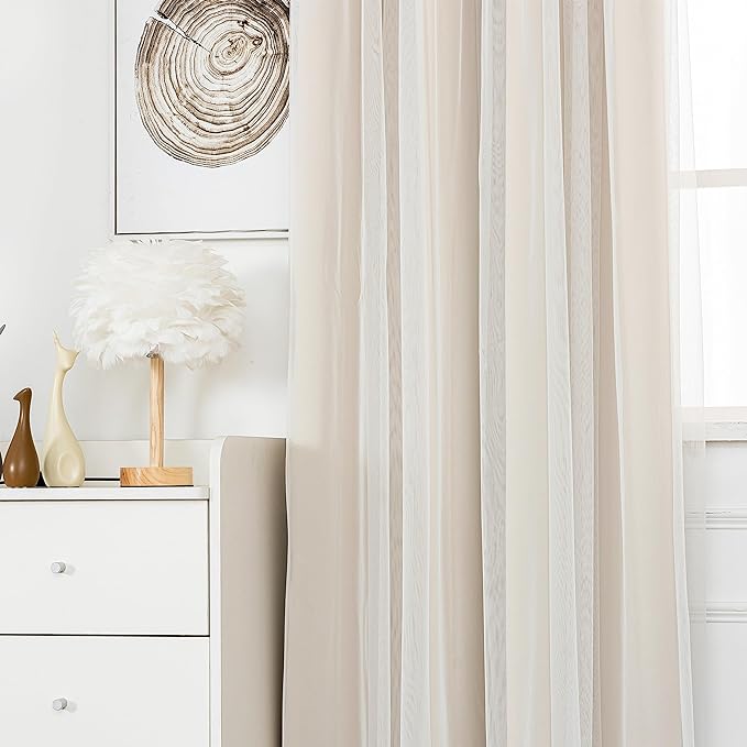 INLINAS Beige Blackout Curtains with Sheer Overlay - Grommet Top Thermal and Noise Reduction Panels for Bedroom and Living Room Light Blocking and Energy Saving, 52 x 96 Inches, Set of 2