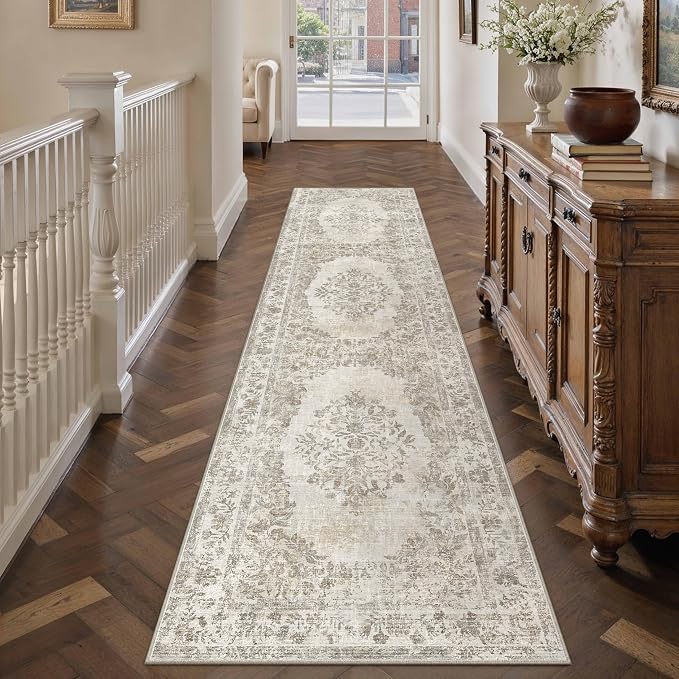 PureCozy 2'6"x10' Runner Rug Beige Washable Hallway Kitchen Bedroom Vintage Distressed Bathroom Non Slip Medallion Floral Carpet Indoor Retro Throw Floor Mat for Office Dining Laundry Living Room