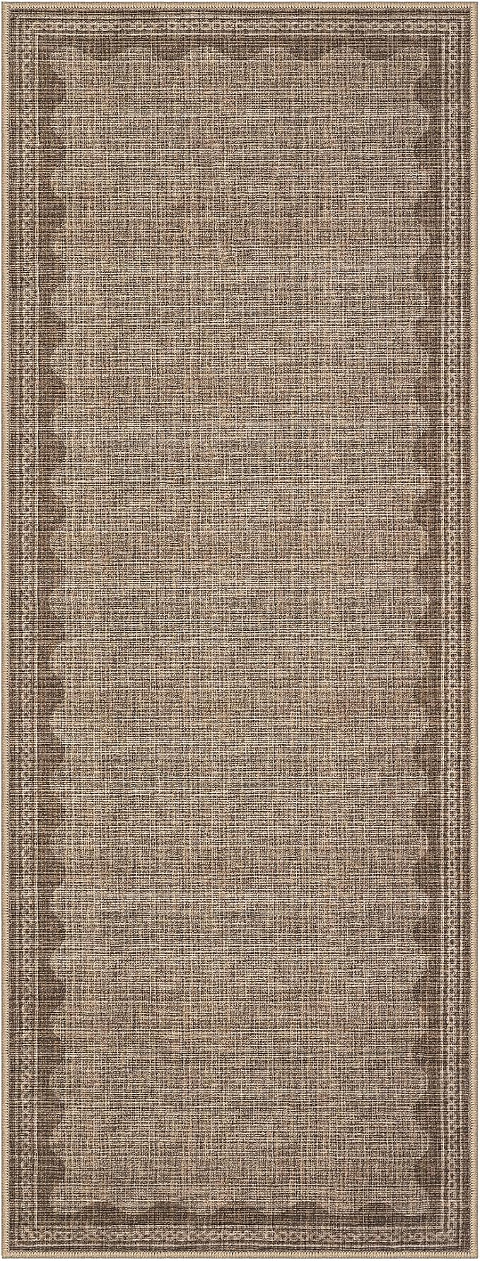 GarveeHome 2x6 Runner Rug for Hallway Washable Kitchen Rugs Non Slip Solid Coffee Modern Minimalism Soft Low-Pile Scalloped Indoor Carpet for Entryway Laundry Room Floor Mats