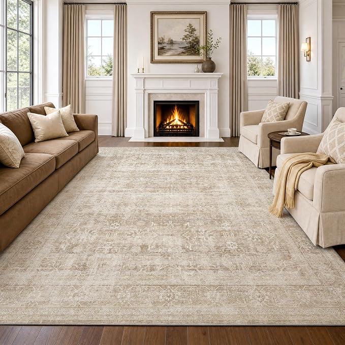 Beauoop 6x9 Washable Beige Neutral Vintage Large Area Rug for Living Room | Distressed Oriental Retro Traditional Non Slip Low Pile Thin Soft Indoor Rug Cream Pattern Bedroom Dining Room Office Nursery
