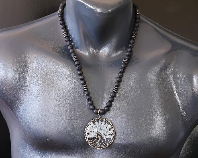 ElisaJewelryArt - Natural Labradorite Big Tree Of Life Black Lava Stone Beaded Necklace Genuine Gemstone Energy Stone Clasp Closure Necklace Unisex Necklace