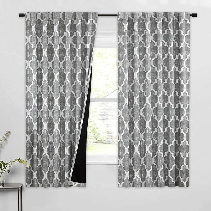 Beauoop Moroccan 100% Blackout Curtains Bedroom Grey 50x63 2 Panels | Geometric Room Darkening Drapes for Living Room 84 Inch Long Thermal Insulated Soundproof Lattice Window Treatment Rod Pocket