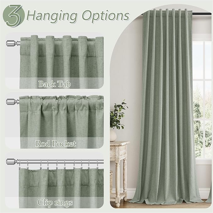 Guken Desert Sage 100% Blackout Linen Curtains 108 Inch Length 2 Panels Set for Living Room Bedroom Back Tab Thermal Insulated Black Out Drapes Room Darkening Window Curtains 108 Inches Long