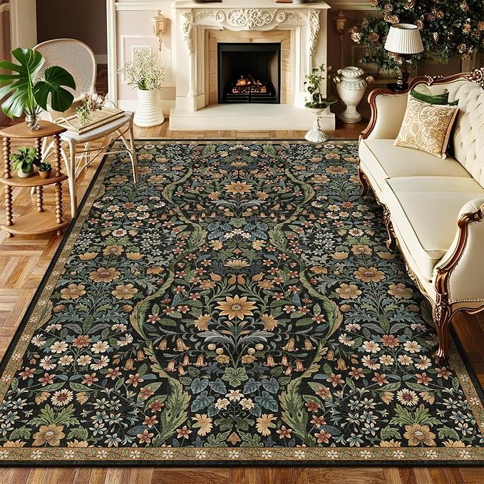 5×7 Area Rugs Black Brown Washable Floral Rug,Vintage Boho Soft Low-Pile Living Room Rugs, Stain Resistant Botanical Non-Slip Carpet for Girls Bedroom,Dining Room,Kids Nursery,Home Decor