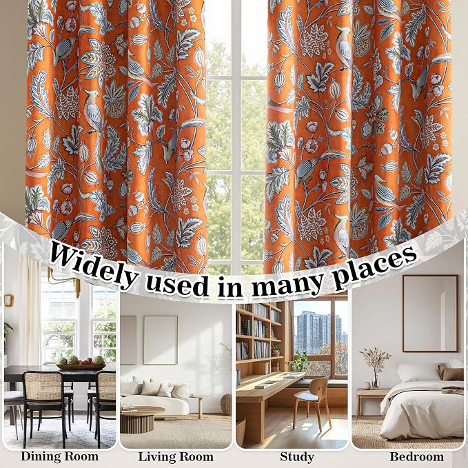 MYSKY HOME Floral Blackout Curtains 84 inch Long for Living Room Darkening Thermal Insulated Vintage Curtains Flower Bird Pattern Printed Grommet Drape for Dining Room Bedroom, 2 Pcs, 52" Wide, Orange