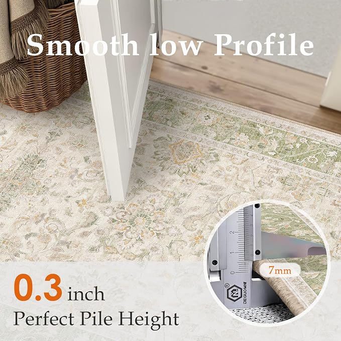 2x6 Sage Green Washable Runner Rug Non Slip Vintage Carpet | Soft Low Pile, Lightweight Foldable, Pet Friendly, Hallway, Kitchen, Bathroom, Front Door, Beside Bed