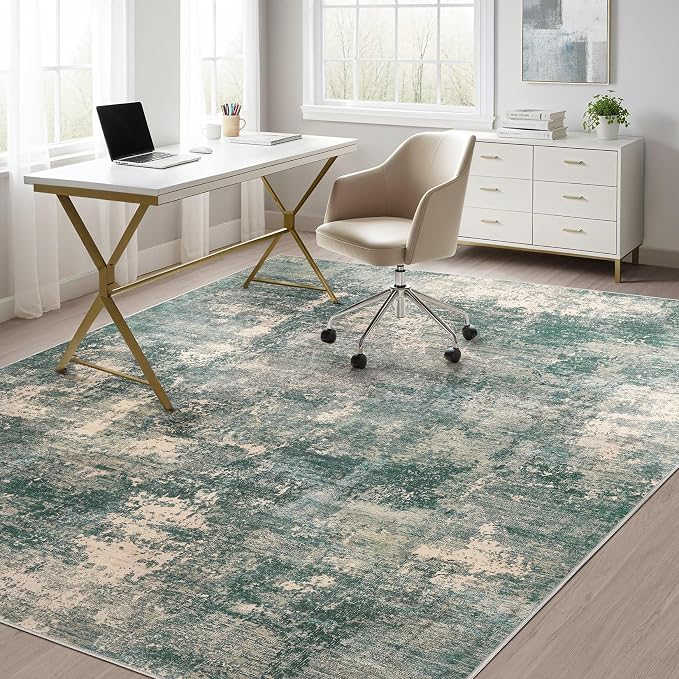 Abstract 10x14 Area Rug: Machine Washable Non Slip Ultra Thin Low-Pile Carpet, Soft Stain Resistant for Living Dining Room Bedroom, Kid Pet Friendly, Robot Vacuum Compatible - Dark Green/Beige