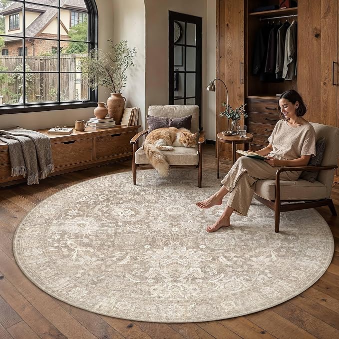 HUGEAR 6x6 Round Rugs Beige Washable Rug for Living Room Bedroom Large Neutral Vintage Rug Carpet Distressed Soft Durable Non Slip No Shedding for Indoor Dining Nursery Farmhouse