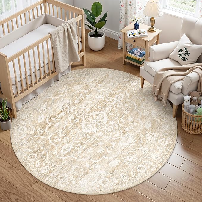 Soalmost Washable Round Rug 5ft for Living Room, Soft Circle Area Rug Beige | Vintage Floral Ultra-Thin Non-Slip Rugs, 5x5 Round Throw Carpet for Entryway Nursery Bedroom Kitchen Dining Room 5'Round