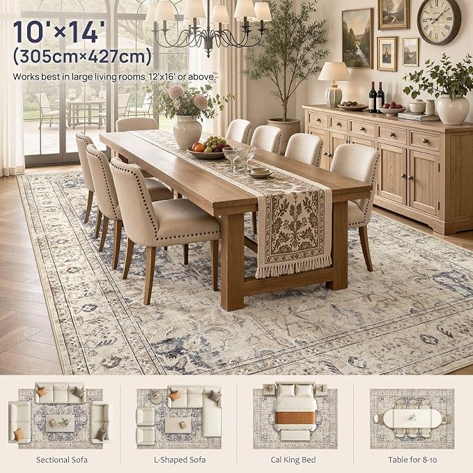 Tortania Area Rug Living Room Rugs - 10x14 Washable Boho Rug Vintage Oriental Distressed Farmhouse Large Thin Indoor Carpet for Living Room Bedroom Under Dining Table Home Office - Cream Blue