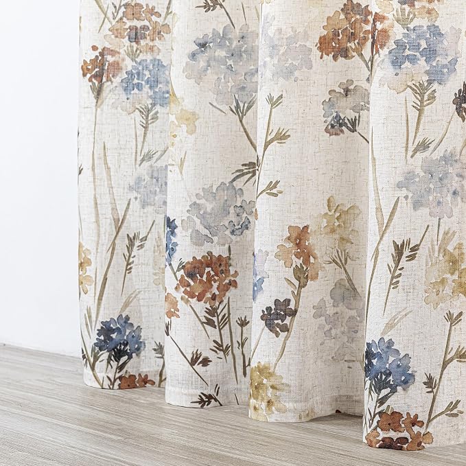 MYSKY HOME Linen Floral Curtains & Drapes 63 Inch Long 2 Panels Semi Sheer Light Filtering Privacy Flower Print Grommet Window Treatments for Kitchen Bedroom, 52" Wide Each Panel, 2 Pcs, Yellow