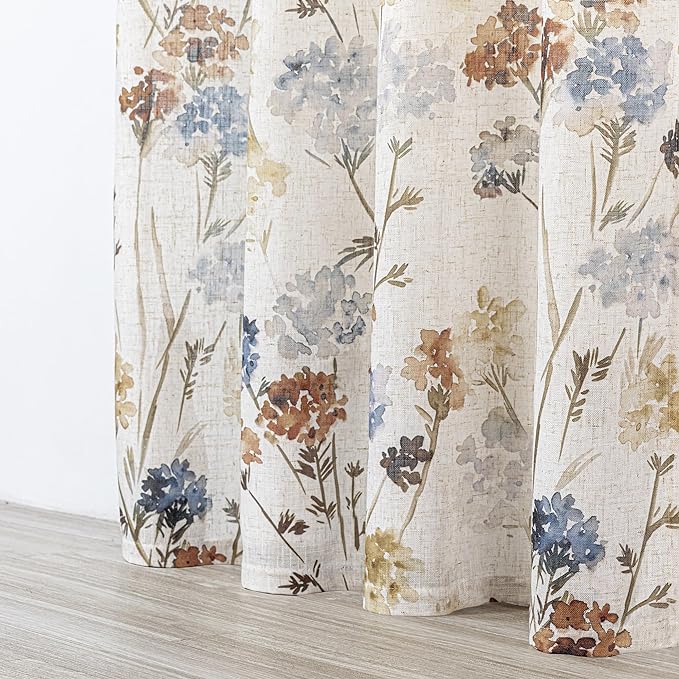 MYSKY HOME Long Floral Curtains for Living Room Bedroom Linen Semi Sheer Light Filtering Privacy Protect Drapes Flower Print Farmhouse Soft Touch for Dining Room, Yellow, W52 X L102, Pack-2