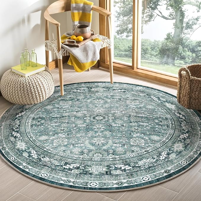 OPPODREAM Vintage Teal Round Rug 5ft, 5 ft Retro Washable Circle Rug Non Slip, Low-Pile Faux Wool Circular Carpet, Distressed Floor Mat for Living Room, Bedroom, Office, Dorm, Dinning Room