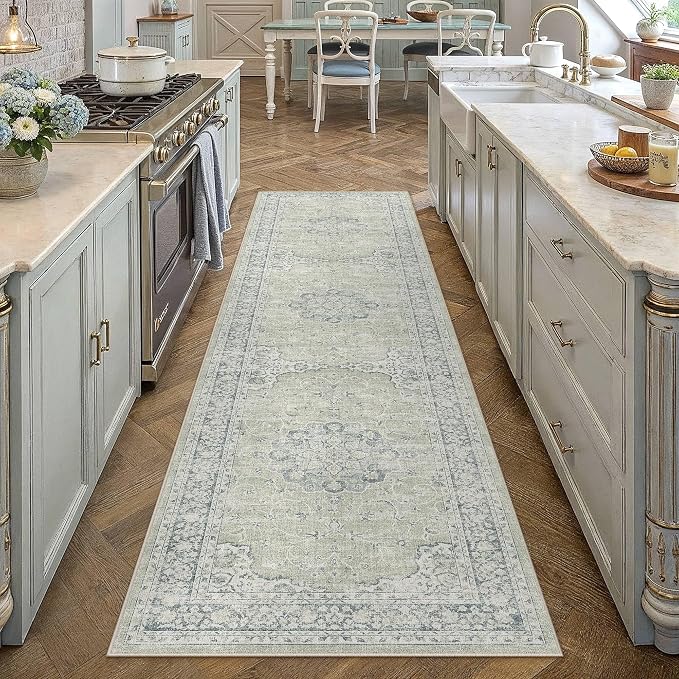 HUGEAR Hallway Runner Rugs 2x8 Machine Washable Vintage Sage Green Throw Carpet Non Slip Stain Resistant Low Pile for Bedroom Kitchen Retro Aesthetic Modern Decor