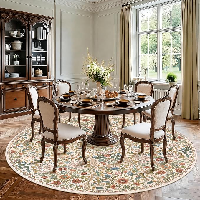 Round Rug 8ft Beige Washable Floral Circle Rug,Vintage Boho Botanical Round Area Rugs, Non-Slip Soft Low-Pile Circular Carpet for Bedroom,Kids Room,College Dorm,Home Decor
