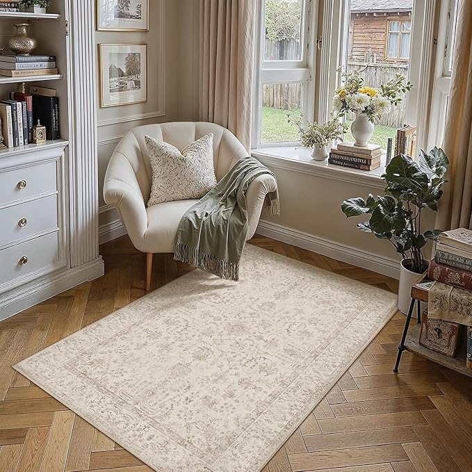 4x6 Beige Neutral Bedroom Area Rug | Washable, Low Pile, Accent, Vintage, Soft, Non Slip, Carpet for Living Room Dining Room Nursery Indoor Home Decor