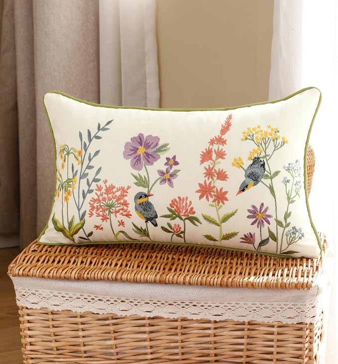 Embroidered Throw Pillow Covers 12 x 20 Pack of 2 Vintage Birds with Flowers Pillow Covers Summer Decor Pillowcase Farmhouse Floral Pillow Cushion Cases Boho Pillowcases Lumbar Pillow Case
