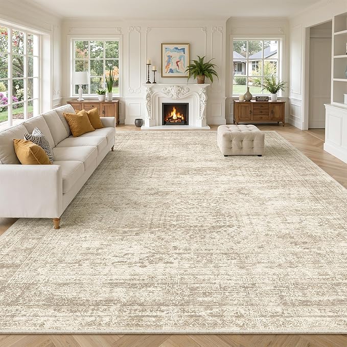 Soalmost 10x14 Area Rugs for Living Room, Non Slip Machine Washable Vintage Rugs, Low Pile Lightweight Large Rug for Bedroom, Dining Room, Home Office Beige