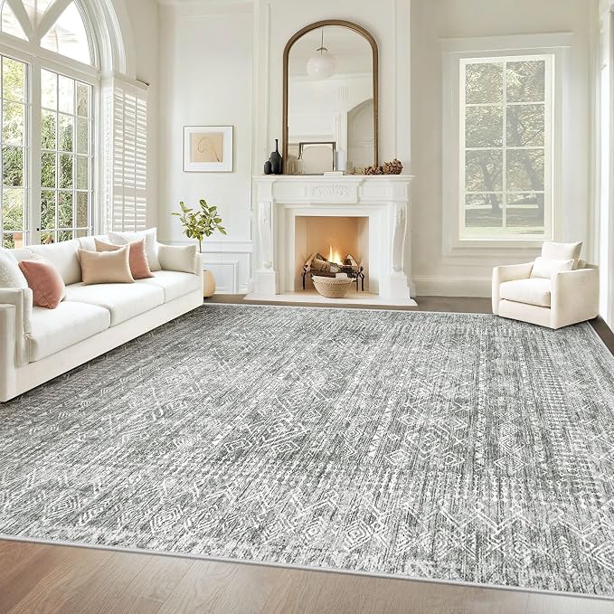 Living Room Rugs 9x12: Washable Moroccan Geometric Boho Rug Farmhouse Non Slip Stain Resistant Large Rug Low Pile Soft Carpet for Bedroom Dining Room Children Room (Grey,9'x12')